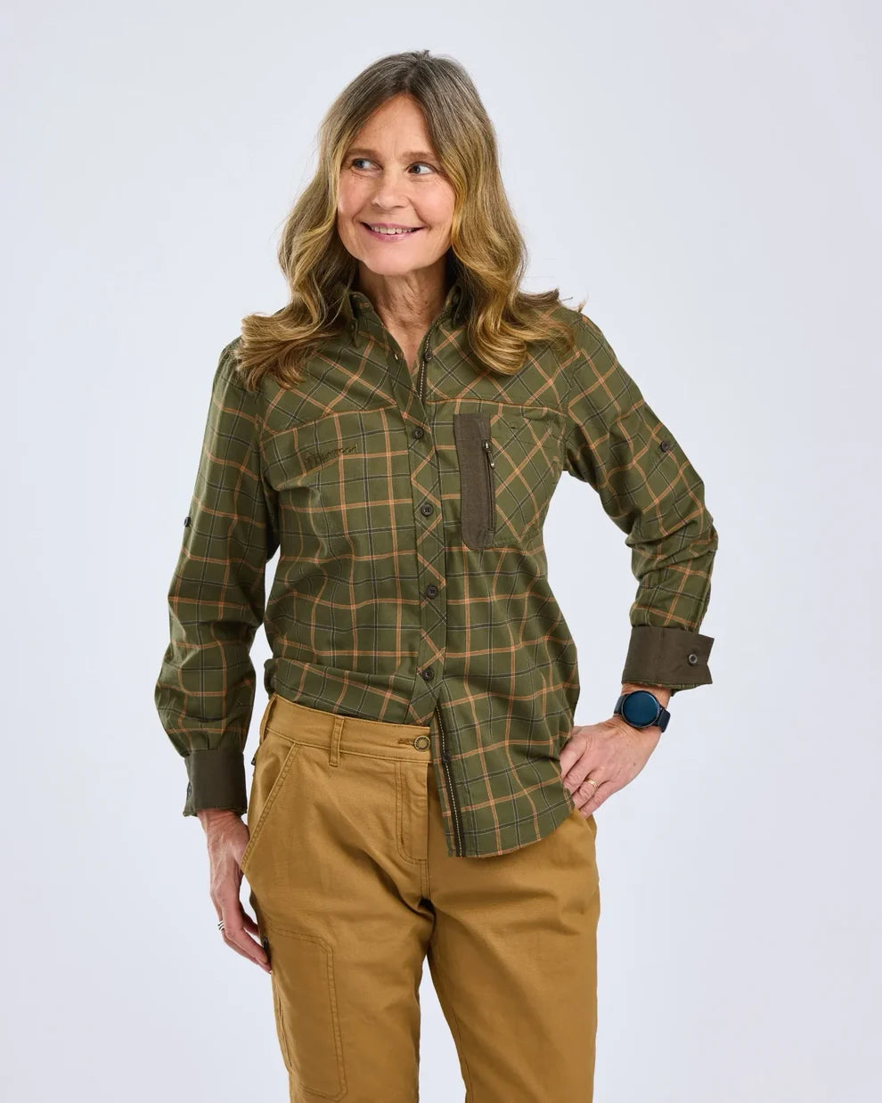 Pinewood Wolf Shirt dames in Green/Terracotta, lichtgewicht outdoorhemd met jacquarddetails en oprolbare mouwen voor wandelen en jacht, Dog - Expert webshop voor gespecialiseerd hondenmateriaal