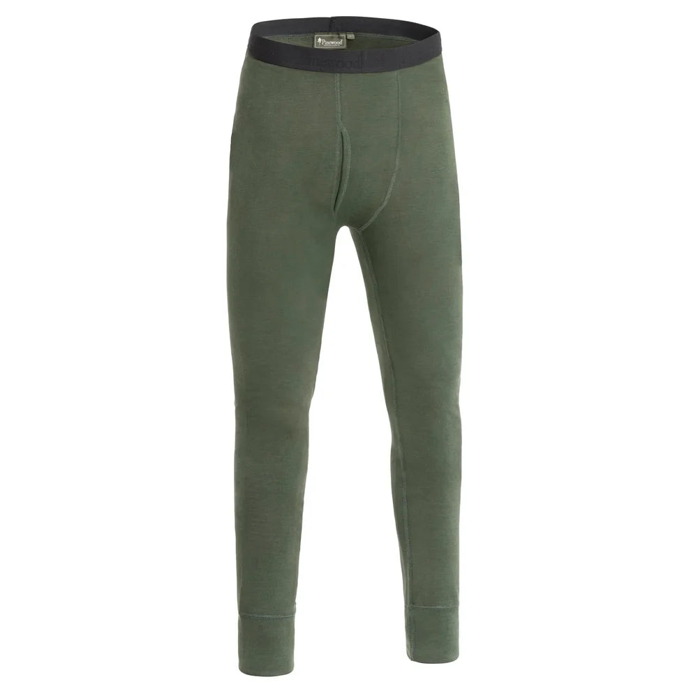 Pinewood Abisko Merino Base Layer Pants heren thermobroek in Dark Mossgreen, warme merino baselayer met bamboevezels voor jacht, wandelen, trekking, wintersport en outdooractiviteiten, Dog - Expert webshop voor gespecialiseerd hondenmateriaal