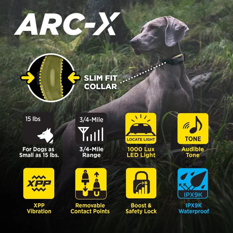 Dogtra ARC-X Kit 1 hond professionele trainingsband met 1,2 km bereik, ergonomische waterdichte trainingshalsband met 100 stimulatieniveaus, vibratie en LED-verlichting voor hondentraining, Dog - Expert webshop voor gespecialiseerd hondenmateriaal