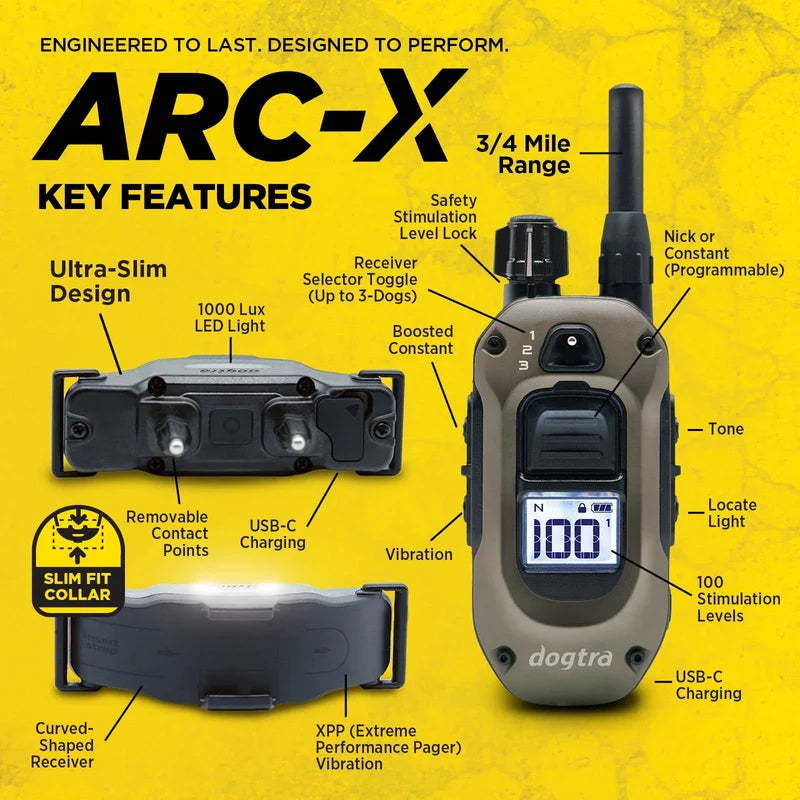 Dogtra ARC-X Kit 1 hond professionele trainingsband met 1,2 km bereik, ergonomische waterdichte trainingshalsband met 100 stimulatieniveaus, vibratie en LED-verlichting voor hondentraining, Dog - Expert webshop voor gespecialiseerd hondenmateriaal