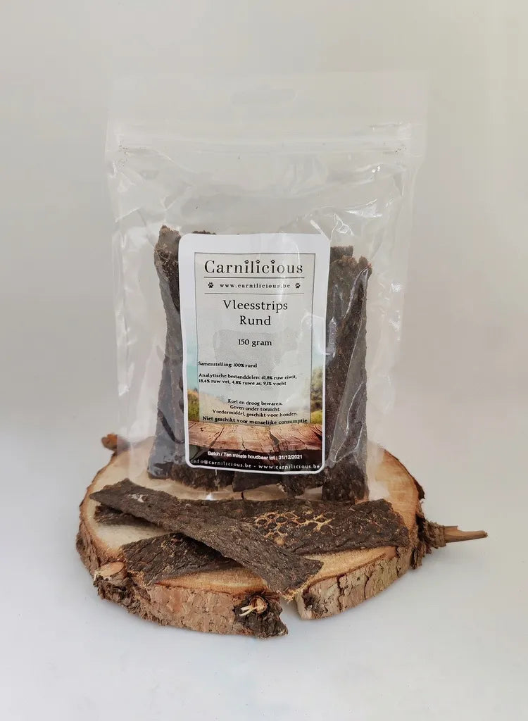 Carnilicious Vleesstrips Rund, 100% natuurlijke Belgische vleesstrip zonder toevoegingen, gezonde tussendoortje voor honden, vrij van kunstmatige stoffen en gluten, Dog - Expert webshop voor gespecialiseerd hondenmateriaal,