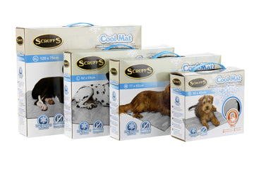 Scruffs Cooling Mat for pets, filled with non-toxic self-cooling gel. Keeps pets 5–10°C cooler than ambient temperature for about an hour. Can be used alone, in a bed, or in a carrier. Easy to clean with a damp cloth. Available in two sizes.