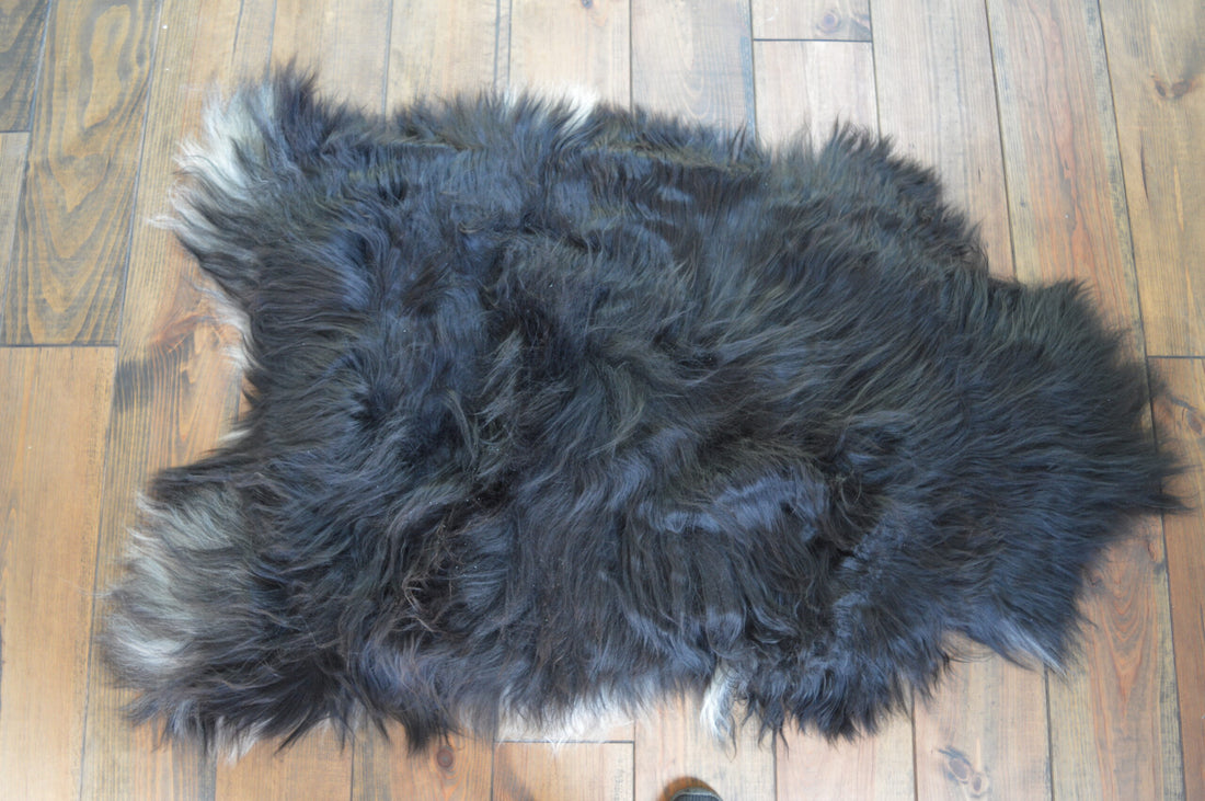 
Zwarte IJslandse schapenvacht voor honden, superzacht en comfortabel, ongeveer 110 x 70 cm, lange wolstructuur, geschikt als hondenbed of decoratief item.
