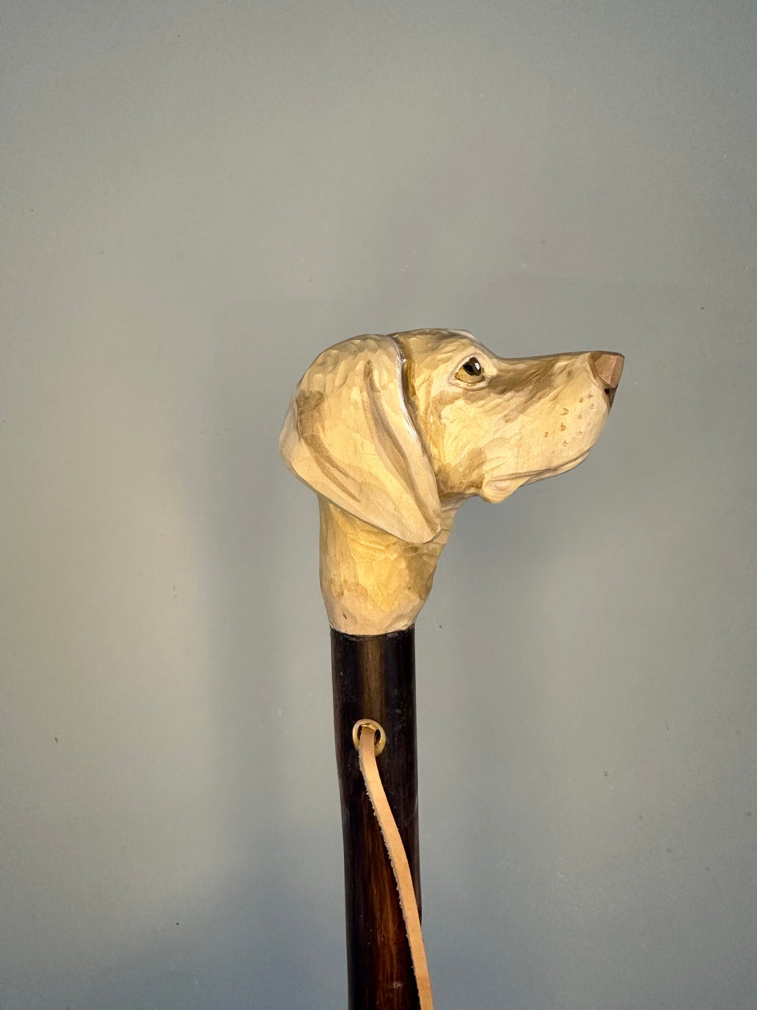 Handgemaakte jacht- en wandelstok van kastanjehout, licht en stevig, ca. 150 cm lang, met lederen handlus en keuze tussen bergtop met ijzeren pin of rubberen dop, model Münsterlander, uniek ambachtelijk product.