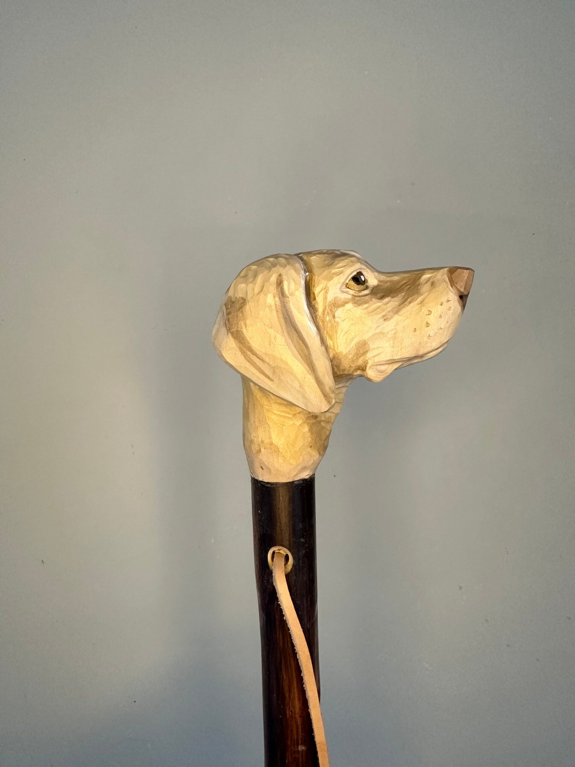 Handgemaakte jacht- en wandelstok van kastanjehout, licht en stevig, ca. 150 cm lang, met lederen handlus en keuze tussen bergtop met ijzeren pin of rubberen dop, model Münsterlander, uniek ambachtelijk product.