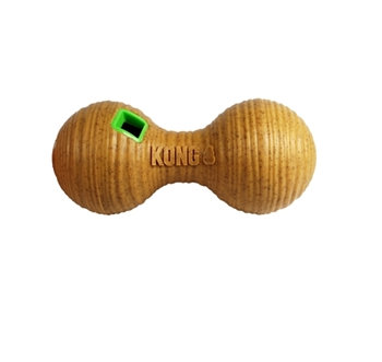 KONG bamboe feeder in de vorm van een dumbbell, ontworpen om honden te vermaken tijdens het eten.