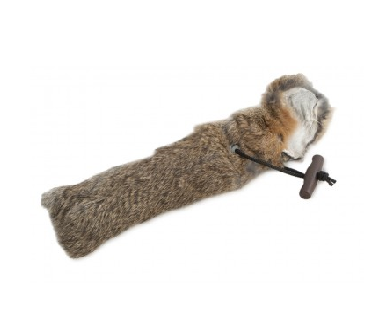 Dummy konijn voor hondentraining, volledig bedekt met echt konijnenbont voor het simuleren van haarwild.