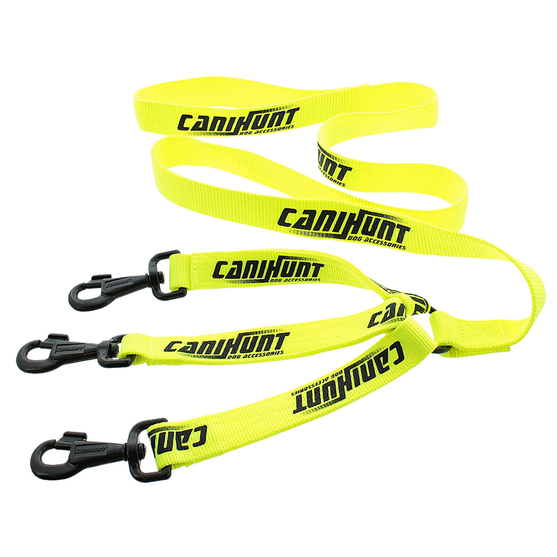 Leiband voor meerdere honden van dikke polyester banden, 150 cm lang, 3 mm dik en 30 mm breed, verkrijgbaar in oranje of geel.