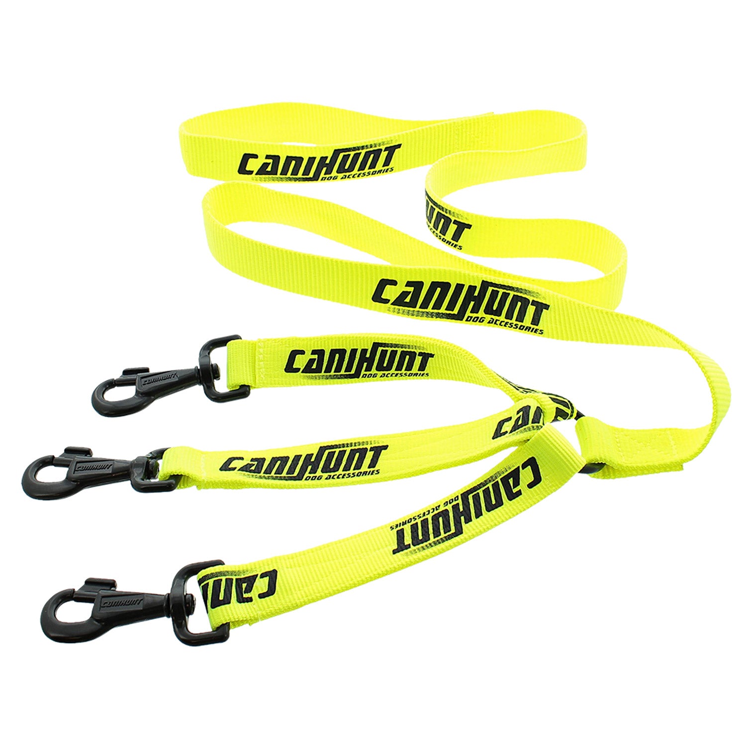 Leiband voor meerdere honden van dikke polyester banden, 150 cm lang, 3 mm dik en 30 mm breed, verkrijgbaar in oranje of geel.