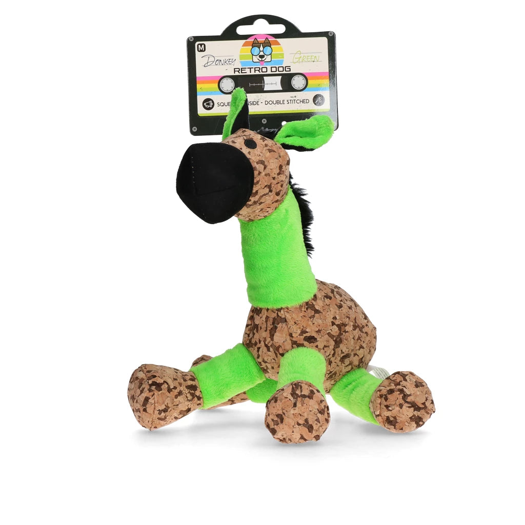 Retro Ezel duurzaam hondenspeelgoed met pieper, dubbel gestikt, zachte stof met retro kurklook en gerecyclede vulling, ideaal als knuffel- en speeltje voor honden van alle leeftijden, Dog - Expert webshop voor gespecialiseerd hondenmateriaal