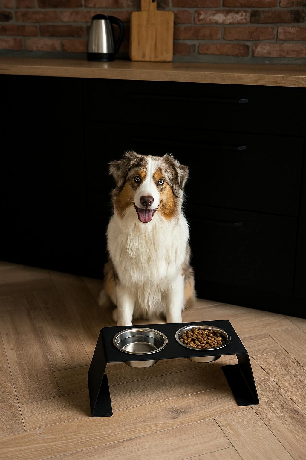 Verhoogde voerbak voor hond en kat in modern design met stalen statief en RVS kommen: Dog - Expert webshop voor gespecialiseerd hondenmateriaal