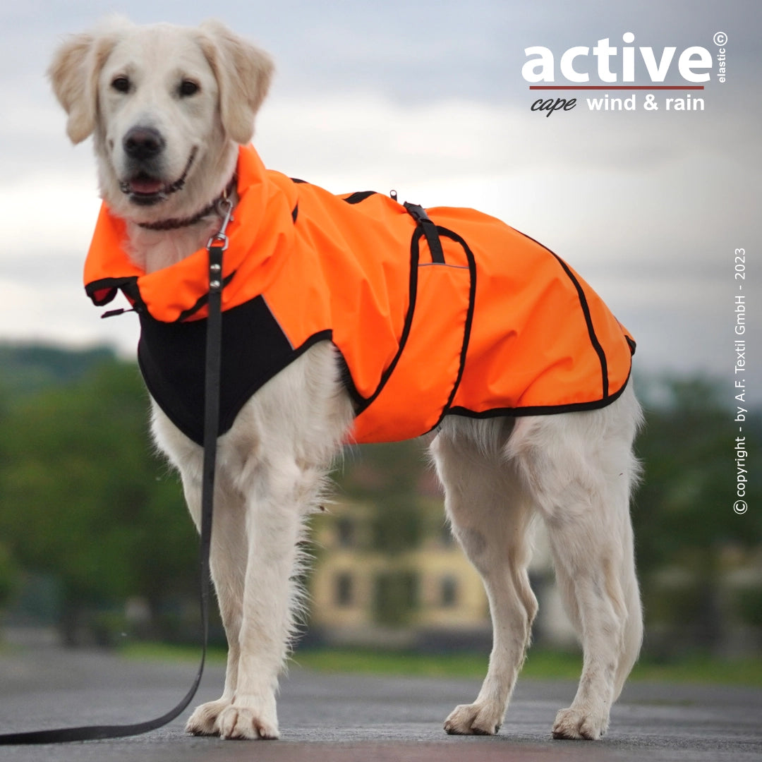 Action Factory Active Cape Elastic Wind & Regen hondenjas in oranje, wind- en regenwerende hondenregenjas met elastische pasvorm en 3000 mm waterkolom voor wandelen, training en outdoor, Dog - Expert webshop voor gespecialiseerd hondenmateriaal