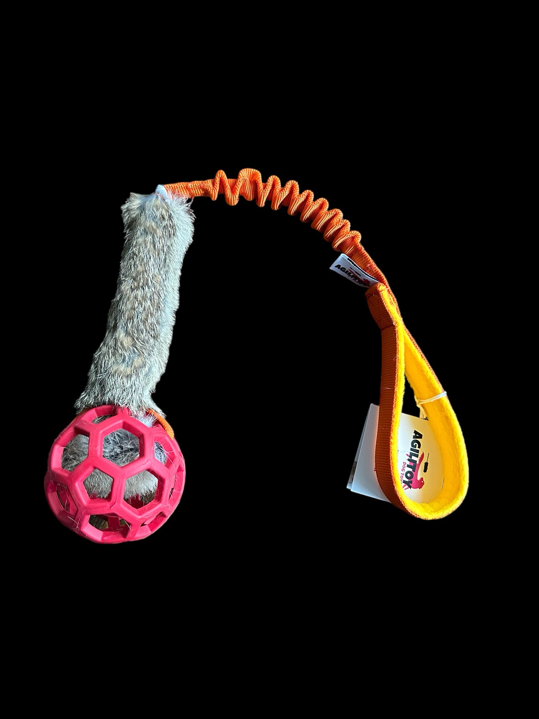 Hondenspeelgoed bungee met rubberen gatenbal en konijnenbont