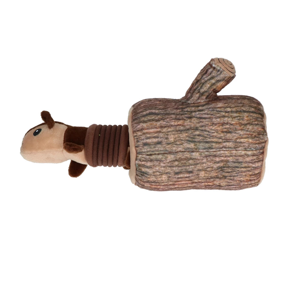 Double Wobble hondenspeeltje met eekhoorn knuffel en twee piepers verbonden door zachte springveer extra speelplezier