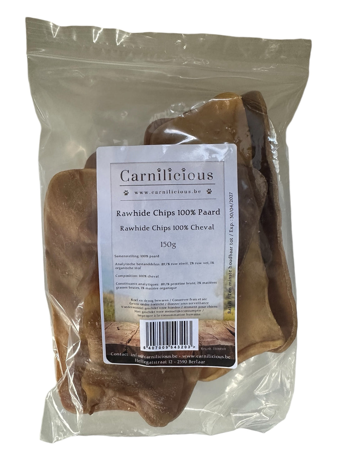 Belgische 100% natuurlijke hondensnack van 150 g, gemaakt van 100% paardenvlees en hypoallergeen, bevordert een schoon gebit en frisse adem, kauwen stimuleert ontspanning en geluk bij honden, gezonde en smakelijke traktatie voor welzijn en plezier, Dog - Expert webshop voor gespecialiseerd hondenmateriaal,