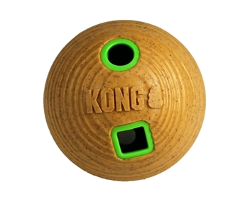 KONG Bamboo Ball voerbal voor honden, 12x12x12 cm, van stevig bamboe, laat op onvoorspelbare momenten snoepjes los en biedt mentale en lichamelijke stimulatie, ook geschikt voor honden die snel schrokken.