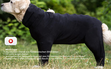 Medi Cape wondbeschermende hondenoverall, zwart, extra lange benen, behoudt bewegingsvrijheid na operatie, beschermt tegen krabben en huidziektes